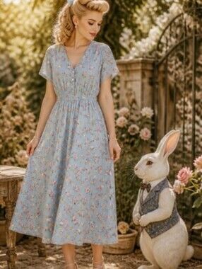 Light Blue Floral Midi Dress with V-Neck